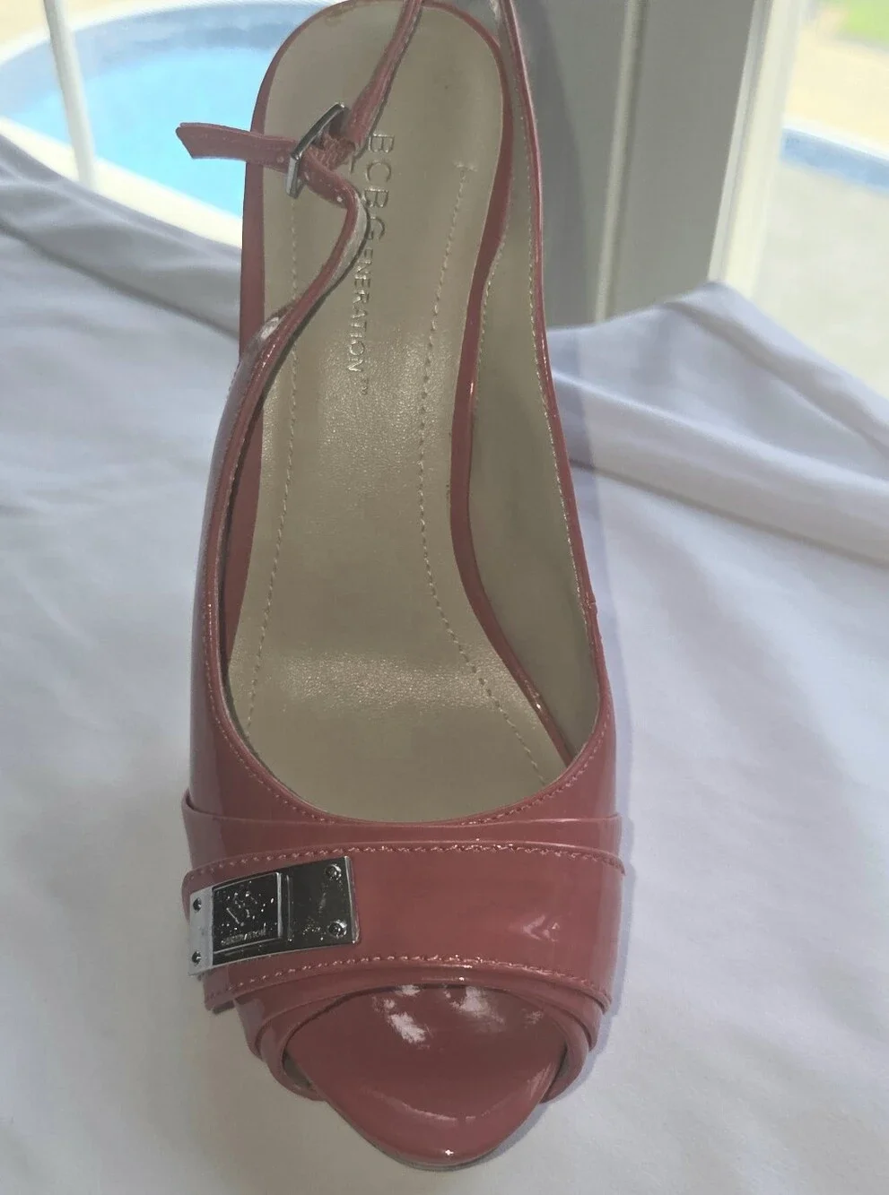 BCBGeneration Coral Pink Patent Peep-Toe Slingback Heel